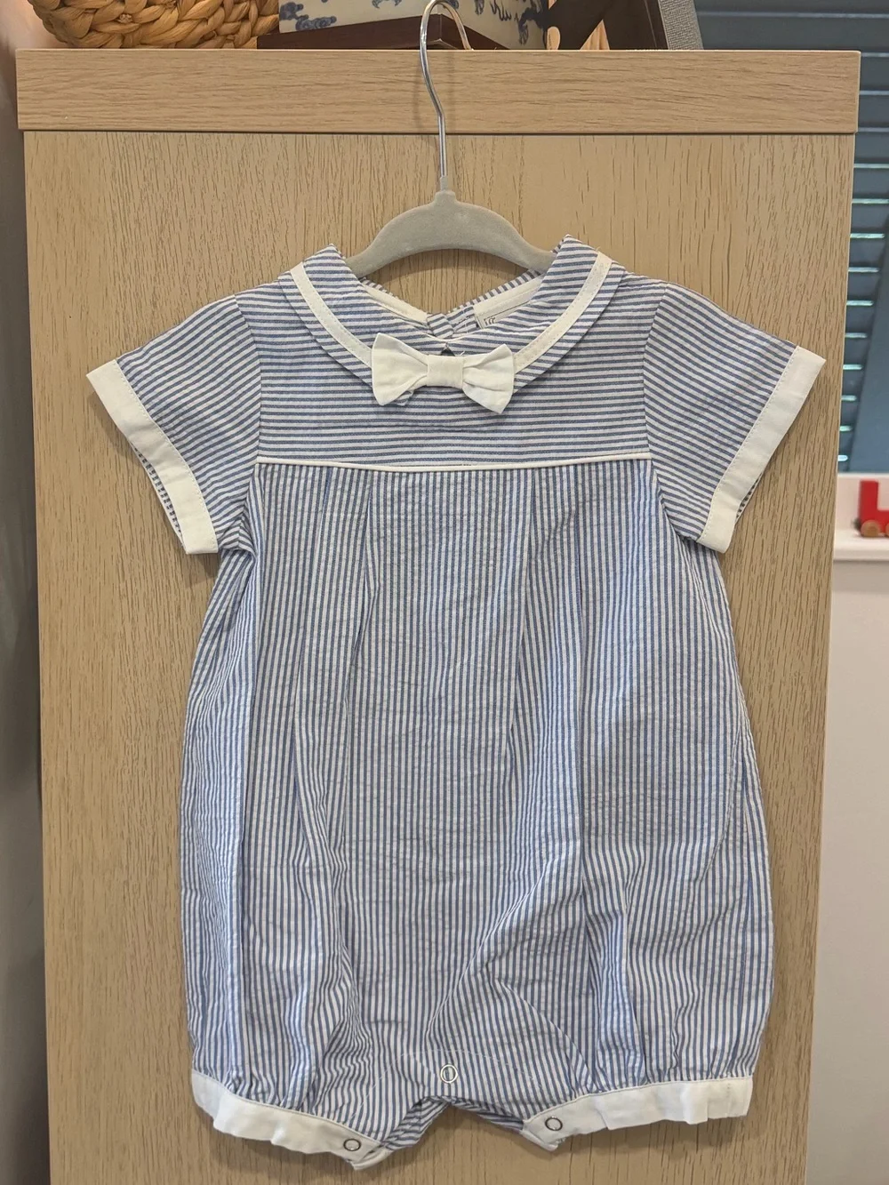 Blue & White Striped Baby Bubble Romper with Bow Collar
